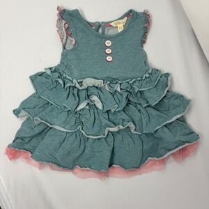 Matilda Jane  Teal Pink Ruffle LITTLE SPRITE DRESS TIERED baby girl size 6-12 m